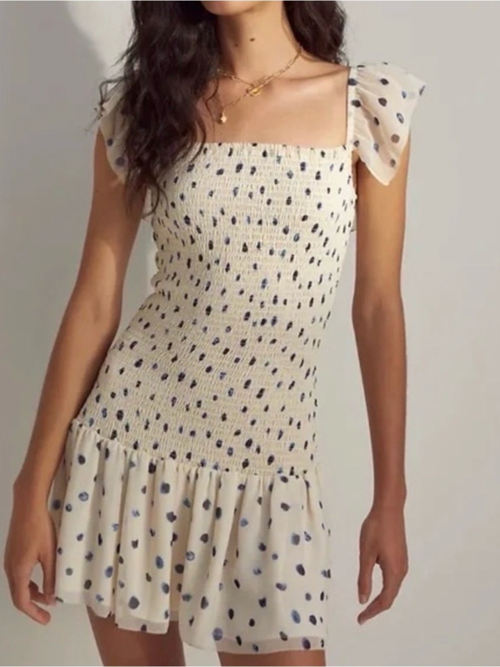 Wilfred Cream Mini Dress with Navy Polka Dots